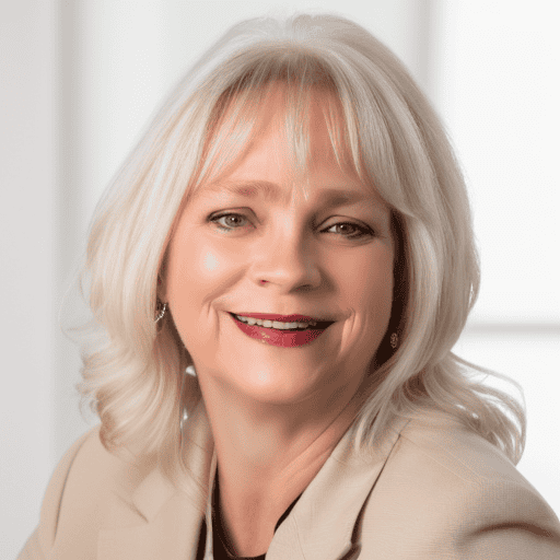 A woman with shoulder-length blonde hair and light skin is smiling. She is wearing a beige blazer and small earrings, and is posed in a well-lit indoor setting with a blurred background.